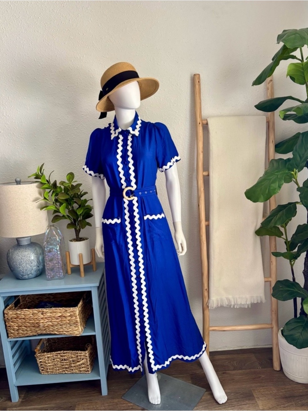 Vintage-Inspired Royal Blue Midi Dress with White Trim